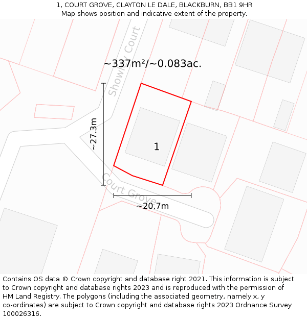 1, COURT GROVE, CLAYTON LE DALE, BLACKBURN, BB1 9HR: Plot and title map