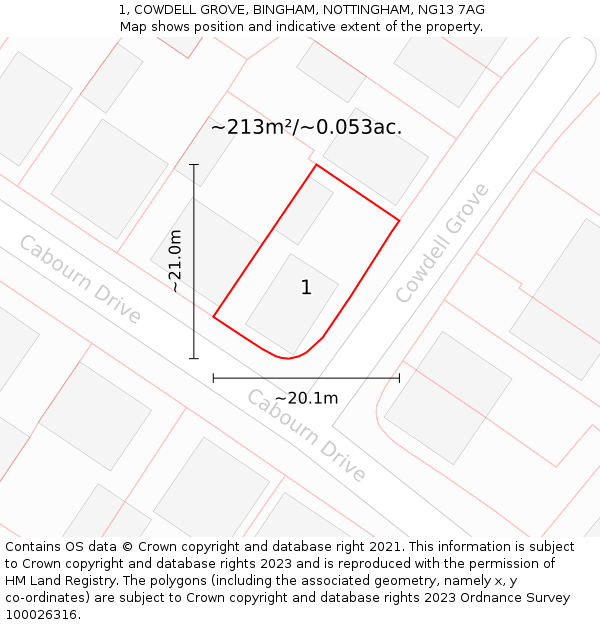 1, COWDELL GROVE, BINGHAM, NOTTINGHAM, NG13 7AG: Plot and title map