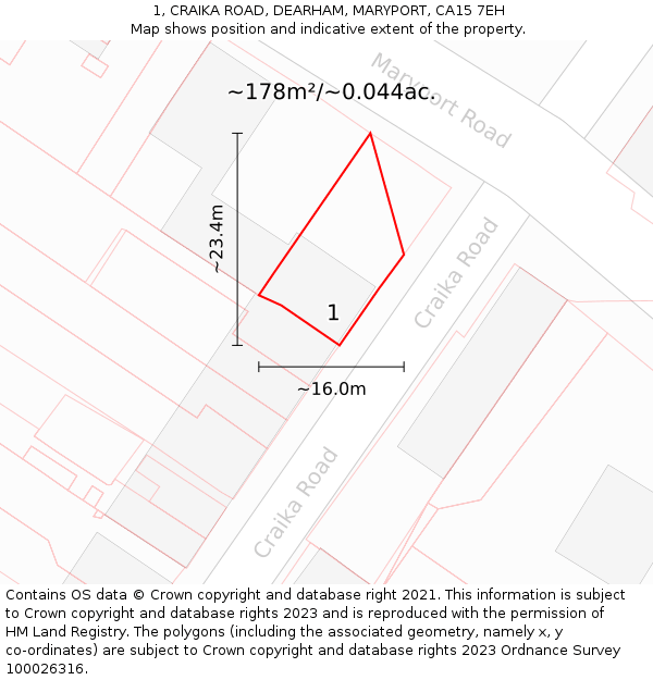 1, CRAIKA ROAD, DEARHAM, MARYPORT, CA15 7EH: Plot and title map