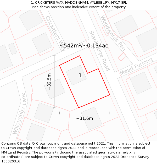 1, CRICKETERS WAY, HADDENHAM, AYLESBURY, HP17 8FL: Plot and title map