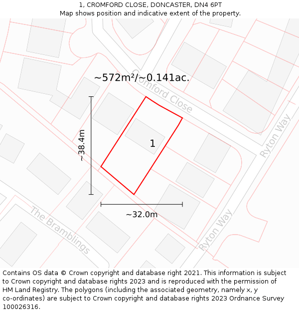 1, CROMFORD CLOSE, DONCASTER, DN4 6PT: Plot and title map