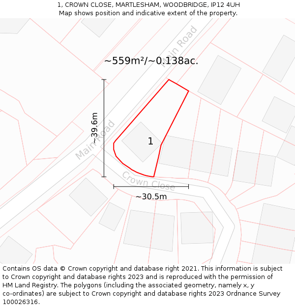 1, CROWN CLOSE, MARTLESHAM, WOODBRIDGE, IP12 4UH: Plot and title map