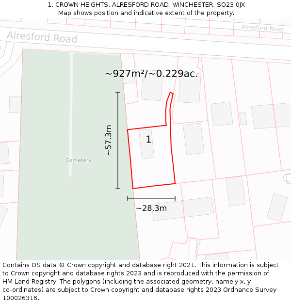 1, CROWN HEIGHTS, ALRESFORD ROAD, WINCHESTER, SO23 0JX: Plot and title map