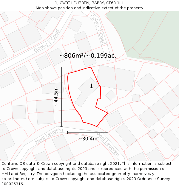 1, CWRT LEUBREN, BARRY, CF63 1HH: Plot and title map