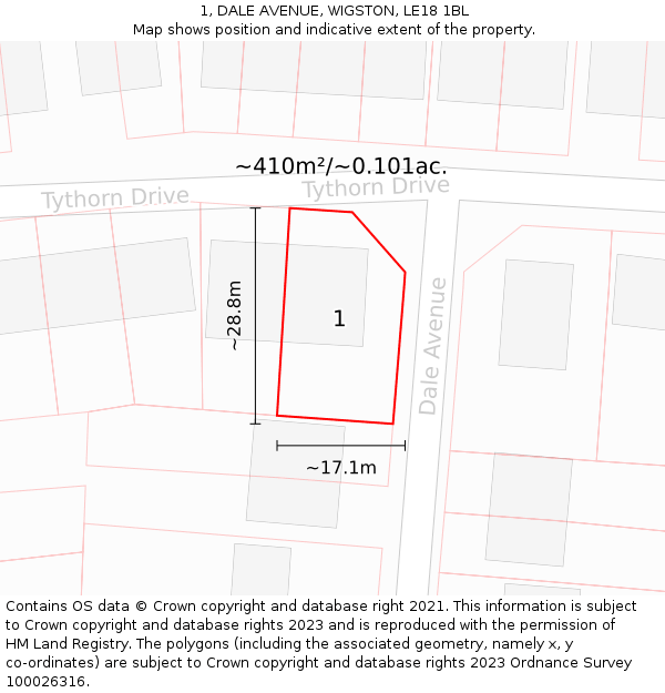 1, DALE AVENUE, WIGSTON, LE18 1BL: Plot and title map