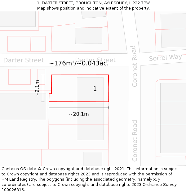 1, DARTER STREET, BROUGHTON, AYLESBURY, HP22 7BW: Plot and title map