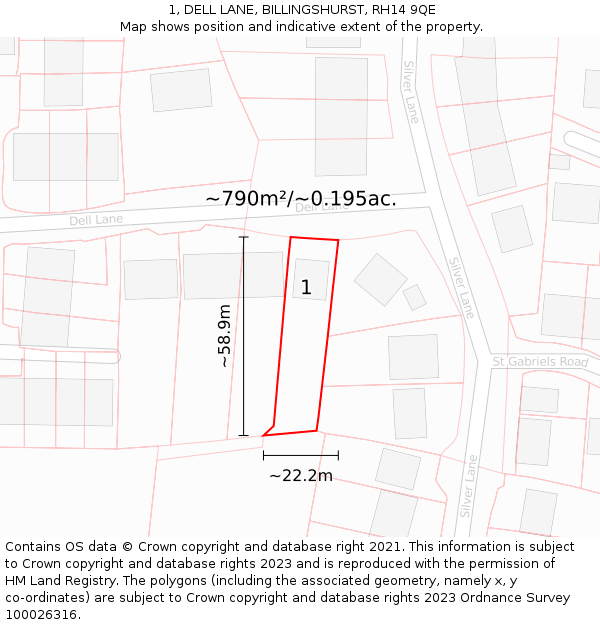 1, DELL LANE, BILLINGSHURST, RH14 9QE: Plot and title map