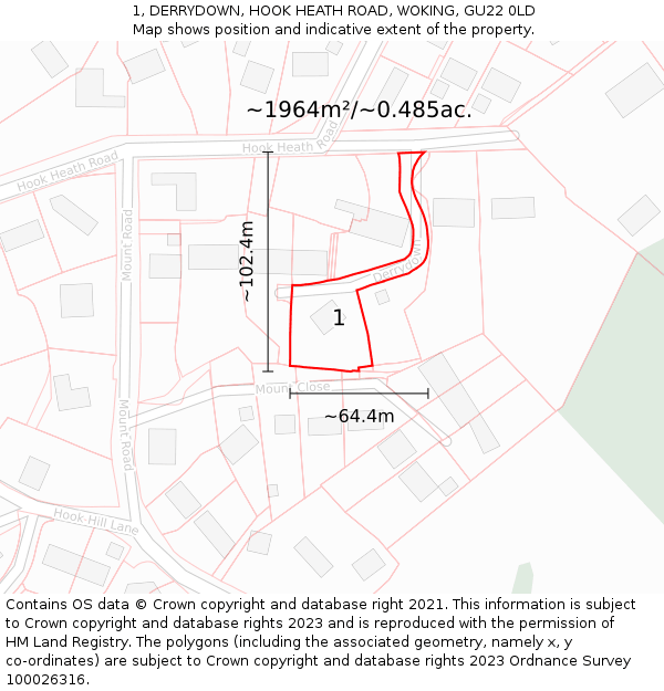 1, DERRYDOWN, HOOK HEATH ROAD, WOKING, GU22 0LD: Plot and title map