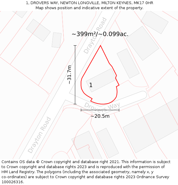 1, DROVERS WAY, NEWTON LONGVILLE, MILTON KEYNES, MK17 0HR: Plot and title map