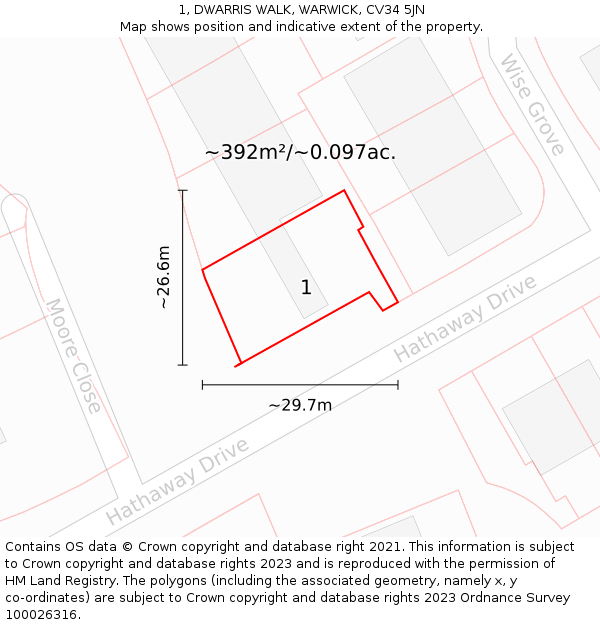 1, DWARRIS WALK, WARWICK, CV34 5JN: Plot and title map