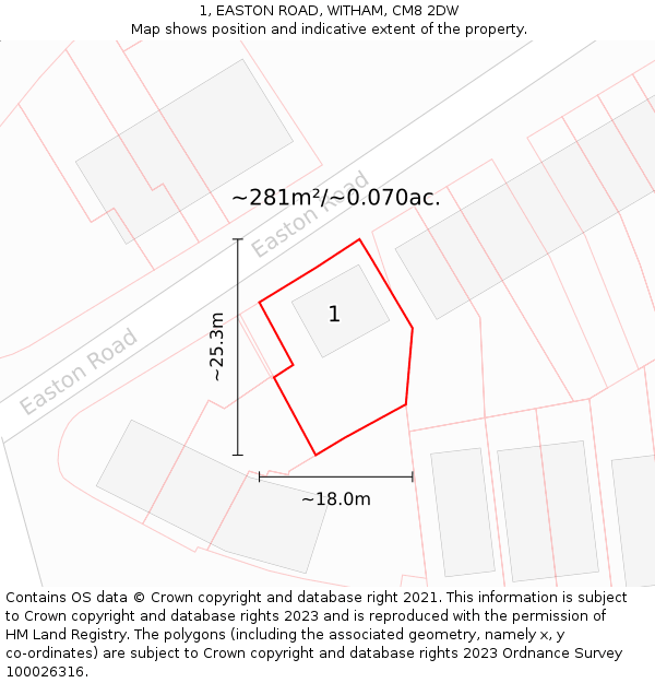 1, EASTON ROAD, WITHAM, CM8 2DW: Plot and title map