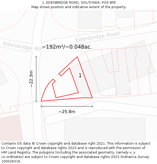 1, EDENBRIDGE ROAD, SOUTHSEA, PO4 8PE: Plot and title map