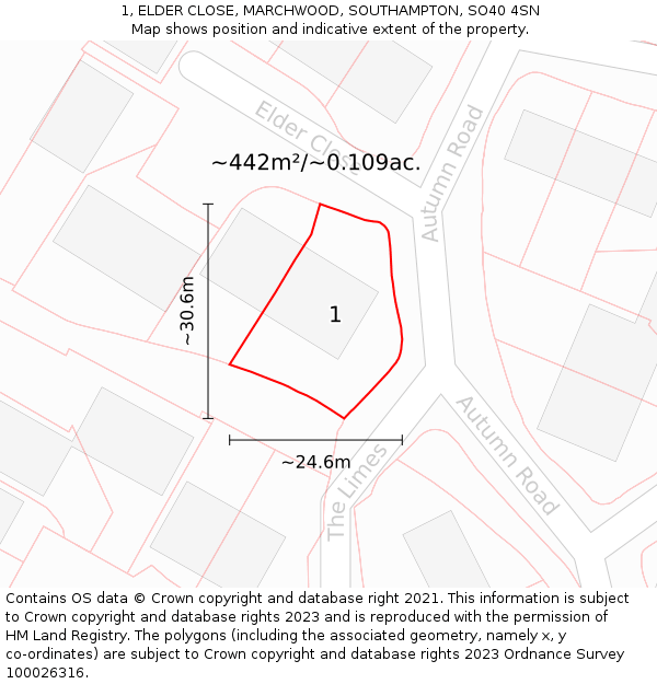 1, ELDER CLOSE, MARCHWOOD, SOUTHAMPTON, SO40 4SN: Plot and title map