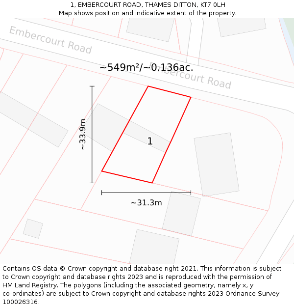 1, EMBERCOURT ROAD, THAMES DITTON, KT7 0LH: Plot and title map