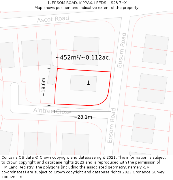 1, EPSOM ROAD, KIPPAX, LEEDS, LS25 7HX: Plot and title map