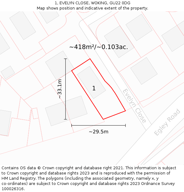 1, EVELYN CLOSE, WOKING, GU22 0DG: Plot and title map