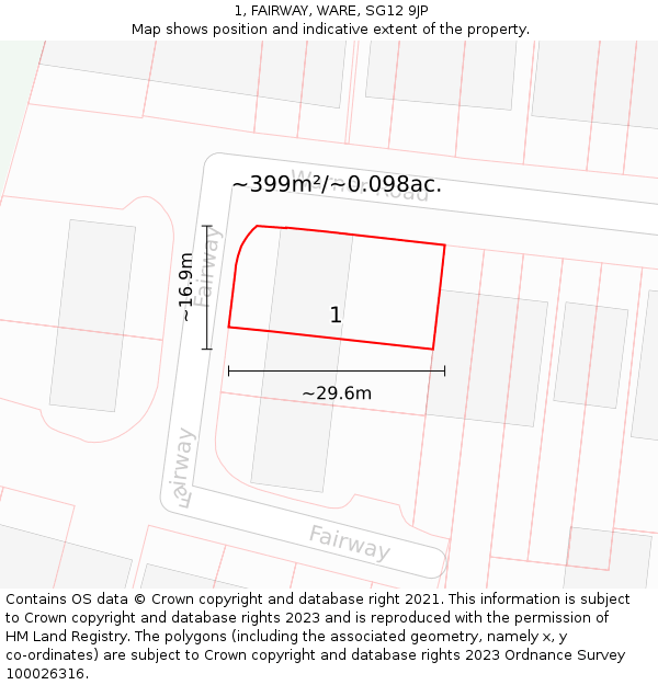 1, FAIRWAY, WARE, SG12 9JP: Plot and title map