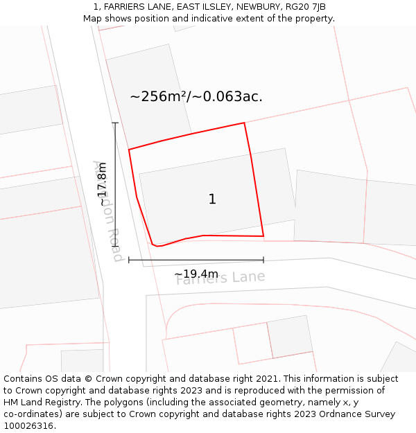 1, FARRIERS LANE, EAST ILSLEY, NEWBURY, RG20 7JB: Plot and title map