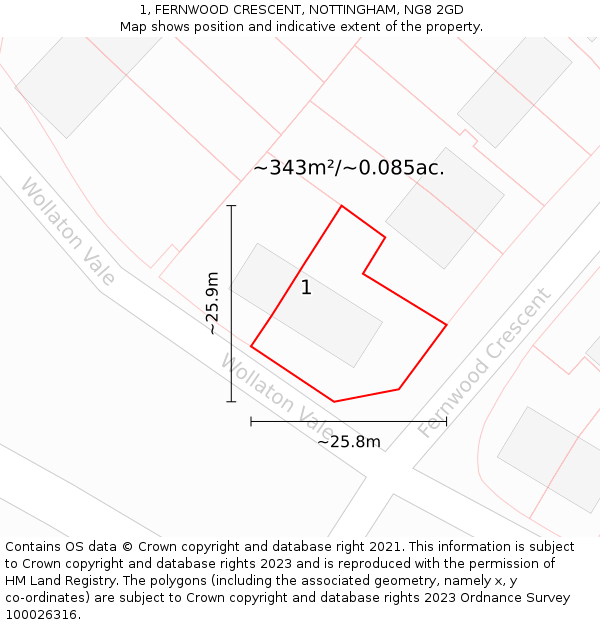 1, FERNWOOD CRESCENT, NOTTINGHAM, NG8 2GD: Plot and title map