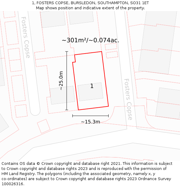 1, FOSTERS COPSE, BURSLEDON, SOUTHAMPTON, SO31 1ET: Plot and title map