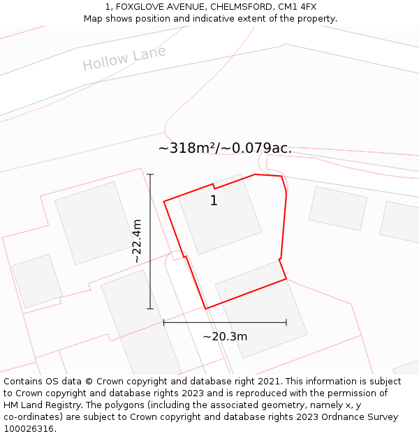 1, FOXGLOVE AVENUE, CHELMSFORD, CM1 4FX: Plot and title map