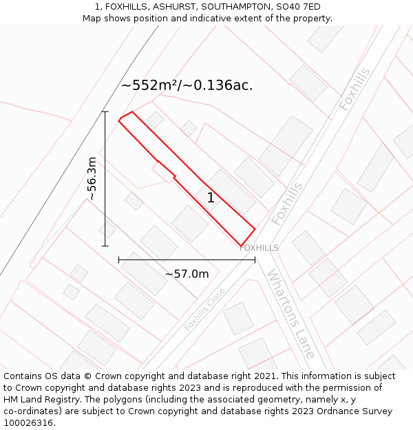 1, FOXHILLS, ASHURST, SOUTHAMPTON, SO40 7ED: Plot and title map