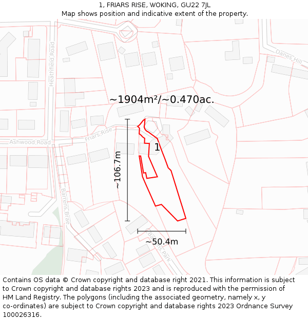 1, FRIARS RISE, WOKING, GU22 7JL: Plot and title map