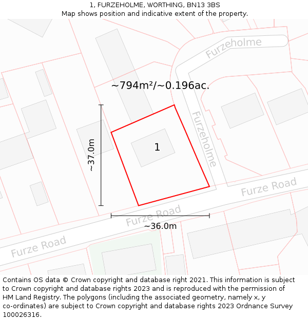 1, FURZEHOLME, WORTHING, BN13 3BS: Plot and title map