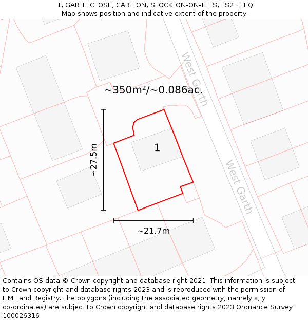 1, GARTH CLOSE, CARLTON, STOCKTON-ON-TEES, TS21 1EQ: Plot and title map