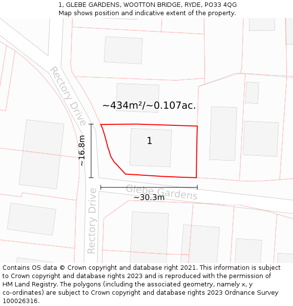 1, GLEBE GARDENS, WOOTTON BRIDGE, RYDE, PO33 4QG: Plot and title map