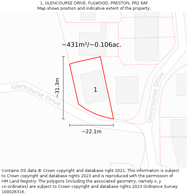 1, GLENCOURSE DRIVE, FULWOOD, PRESTON, PR2 6AF: Plot and title map