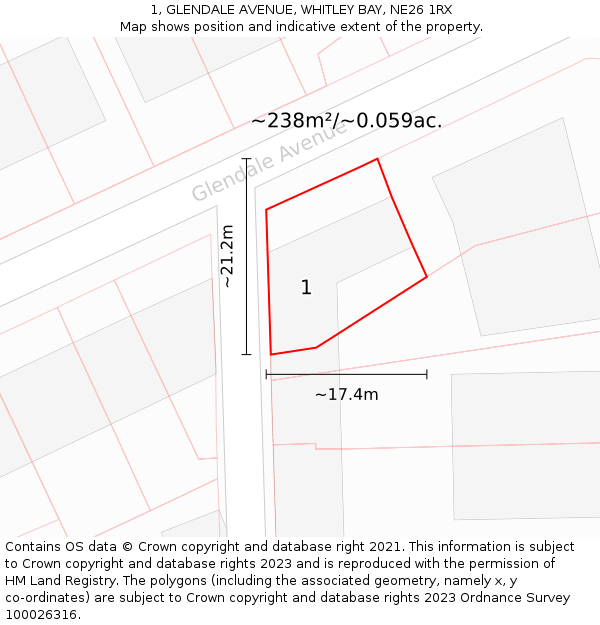 1, GLENDALE AVENUE, WHITLEY BAY, NE26 1RX: Plot and title map