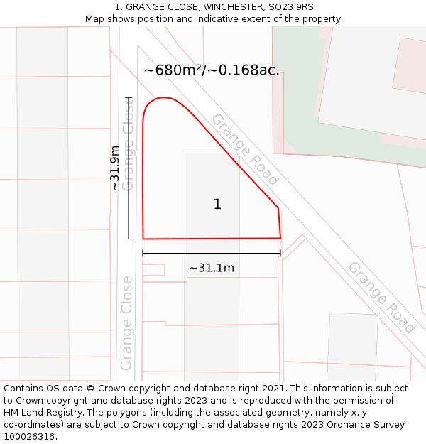 1, GRANGE CLOSE, WINCHESTER, SO23 9RS: Plot and title map