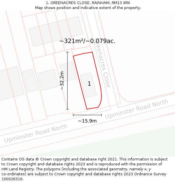 1, GREENACRES CLOSE, RAINHAM, RM13 9RX: Plot and title map