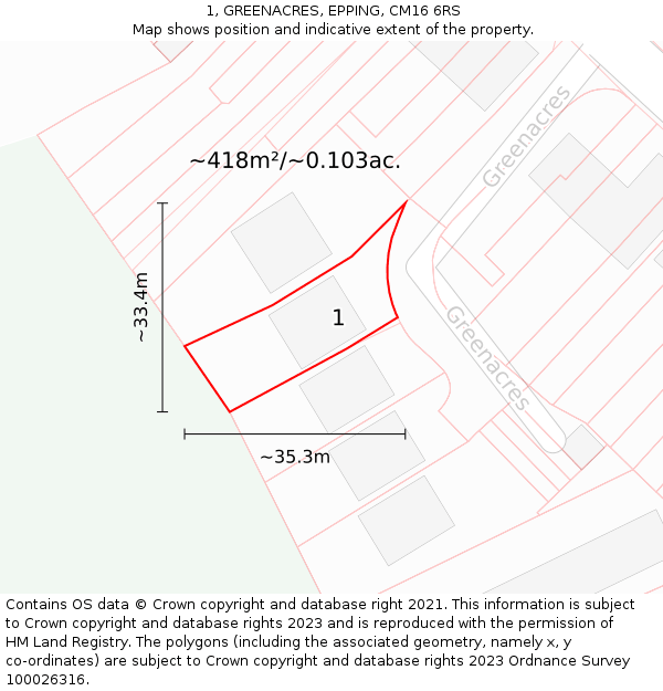 1, GREENACRES, EPPING, CM16 6RS: Plot and title map