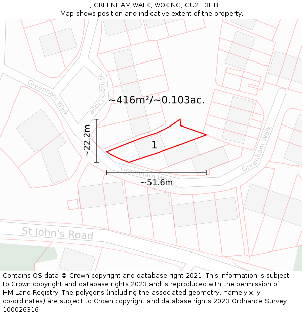 1, GREENHAM WALK, WOKING, GU21 3HB: Plot and title map