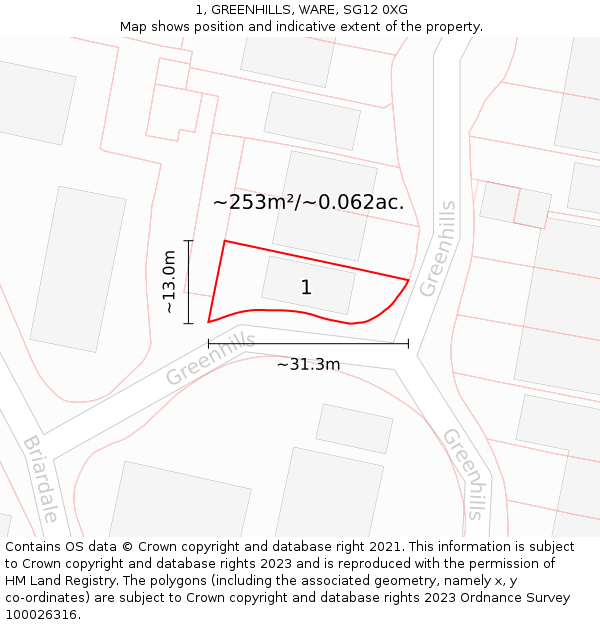 1, GREENHILLS, WARE, SG12 0XG: Plot and title map