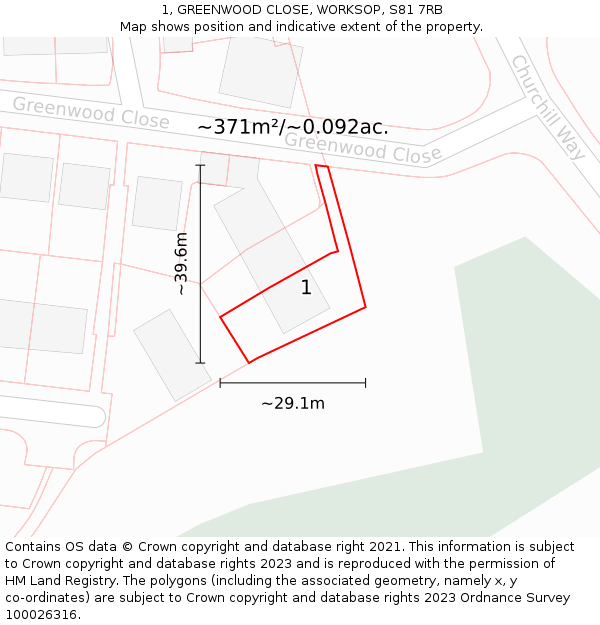 1, GREENWOOD CLOSE, WORKSOP, S81 7RB: Plot and title map