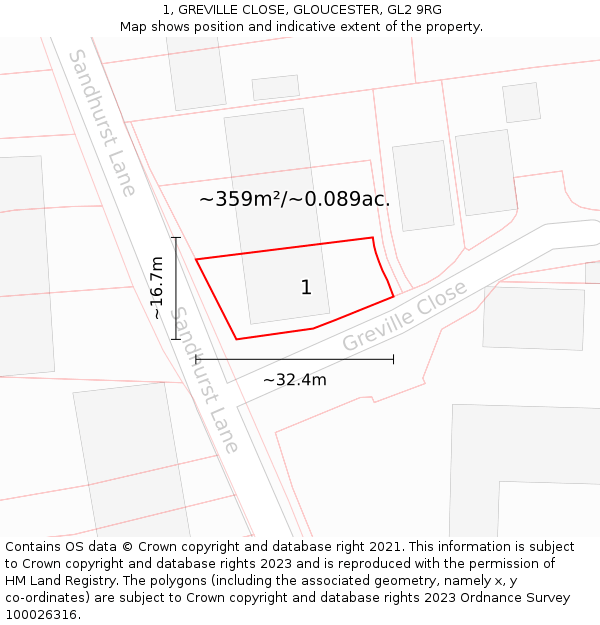 1, GREVILLE CLOSE, GLOUCESTER, GL2 9RG: Plot and title map