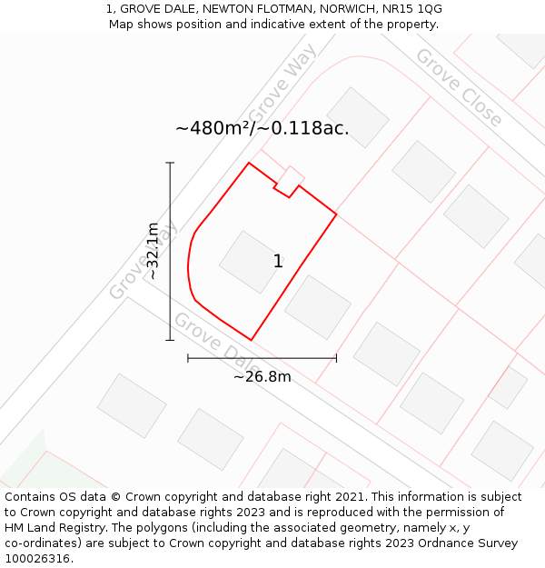 1, GROVE DALE, NEWTON FLOTMAN, NORWICH, NR15 1QG: Plot and title map