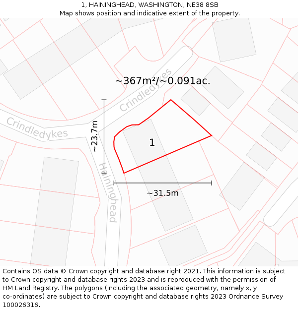 1, HAININGHEAD, WASHINGTON, NE38 8SB: Plot and title map