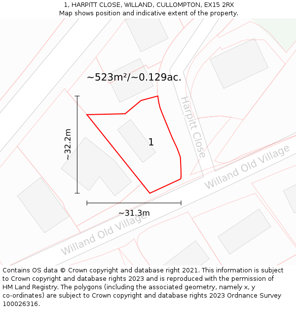 1, HARPITT CLOSE, WILLAND, CULLOMPTON, EX15 2RX: Plot and title map