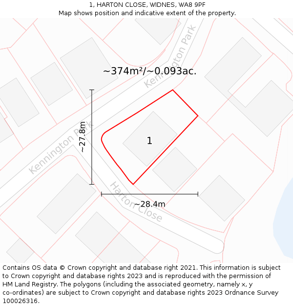 1, HARTON CLOSE, WIDNES, WA8 9PF: Plot and title map