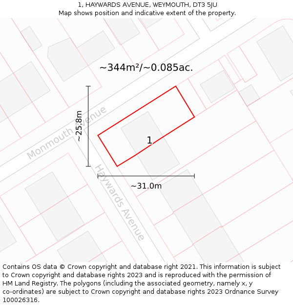 1, HAYWARDS AVENUE, WEYMOUTH, DT3 5JU: Plot and title map