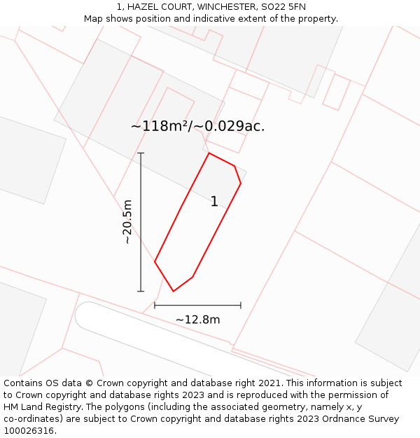 1, HAZEL COURT, WINCHESTER, SO22 5FN: Plot and title map