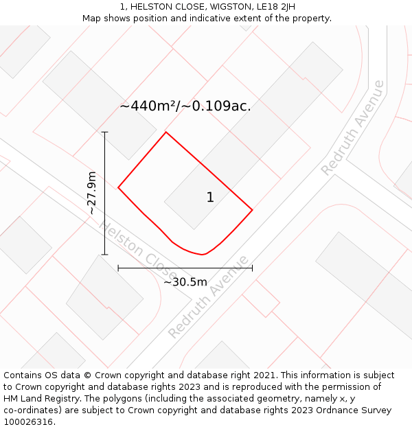 1, HELSTON CLOSE, WIGSTON, LE18 2JH: Plot and title map