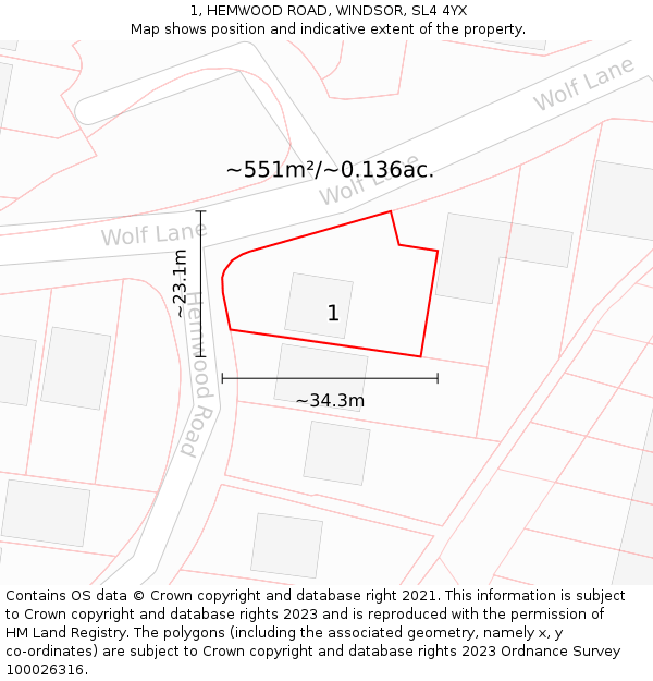 1, HEMWOOD ROAD, WINDSOR, SL4 4YX: Plot and title map