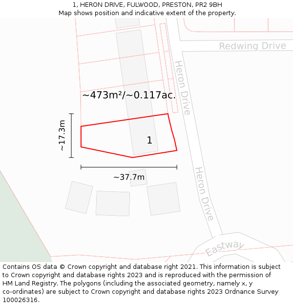 1, HERON DRIVE, FULWOOD, PRESTON, PR2 9BH: Plot and title map