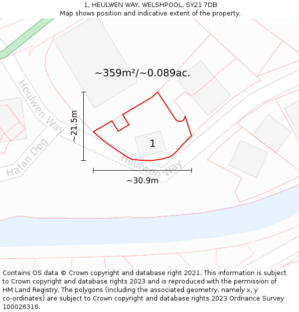 1, HEULWEN WAY, WELSHPOOL, SY21 7DB: Plot and title map