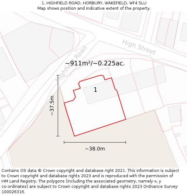 1, HIGHFIELD ROAD, HORBURY, WAKEFIELD, WF4 5LU: Plot and title map